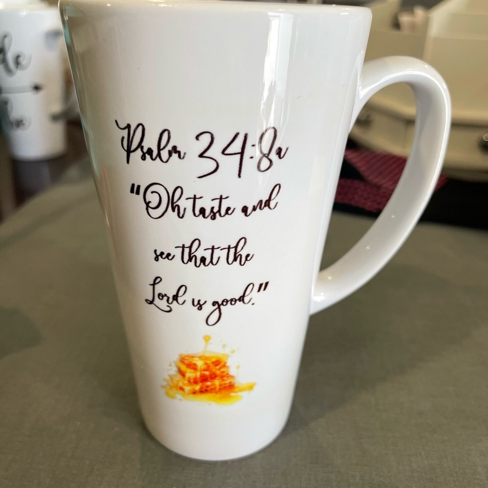 Inspirational 17oz Latte White Mug with Psalm 34:8 Quote